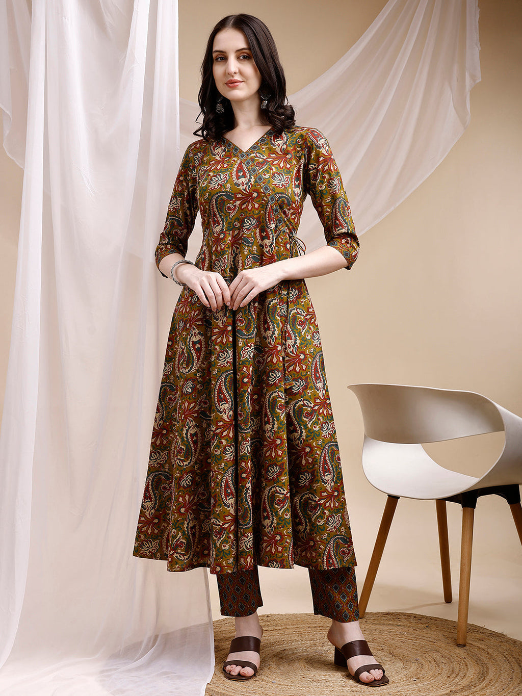 Paisley Printed Angarkha Style Anarkali Kurta With Pant & Dupatta, Olive - Hiral Fashion | Grocsy