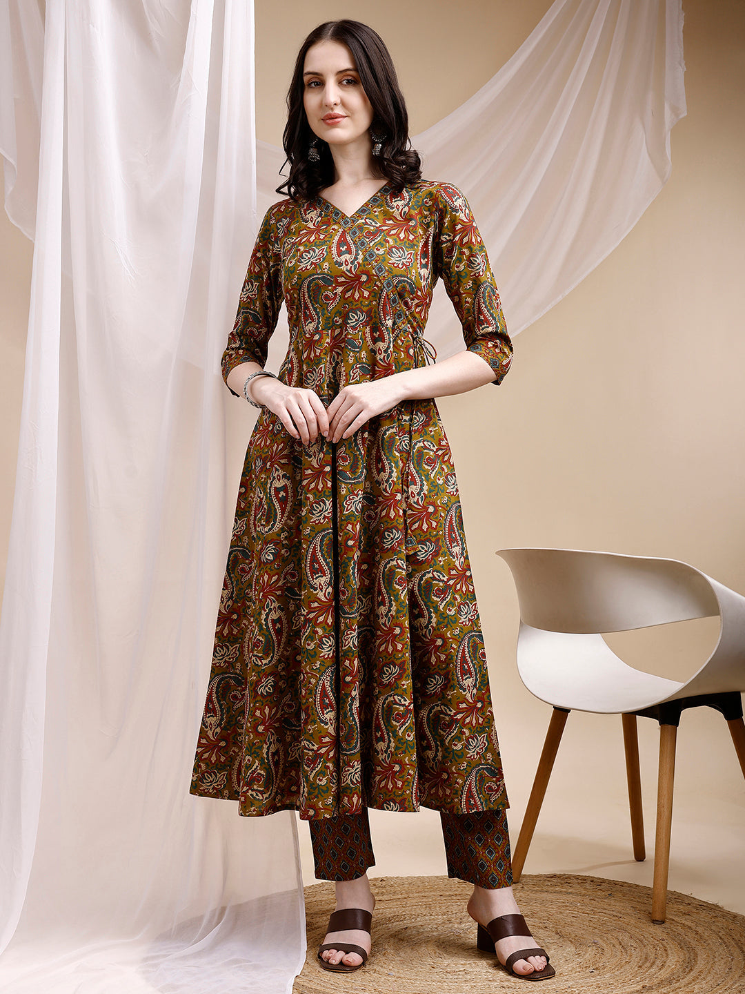 Paisley Printed Angarkha Style Anarkali Kurta With Pant & Dupatta, Olive - Hiral Fashion | Grocsy