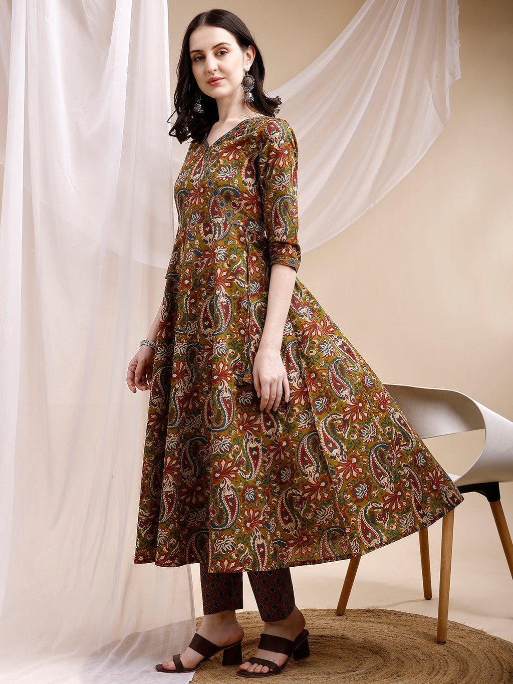 Paisley Printed Angarkha Style Anarkali Kurta With Pant & Dupatta, Olive - Hiral Fashion | Grocsy