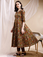 Paisley Printed Angarkha Style Anarkali Kurta With Pant & Dupatta, Olive - Hiral Fashion | Grocsy