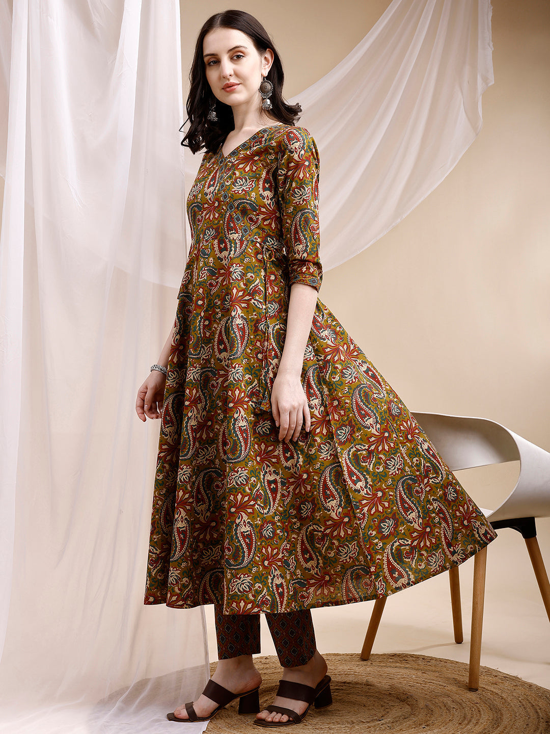 Paisley Printed Angarkha Style Anarkali Kurta With Pant & Dupatta, Olive - Hiral Fashion | Grocsy