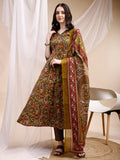 Paisley Printed Angarkha Style Anarkali Kurta With Pant & Dupatta, Olive - Hiral Fashion | Grocsy