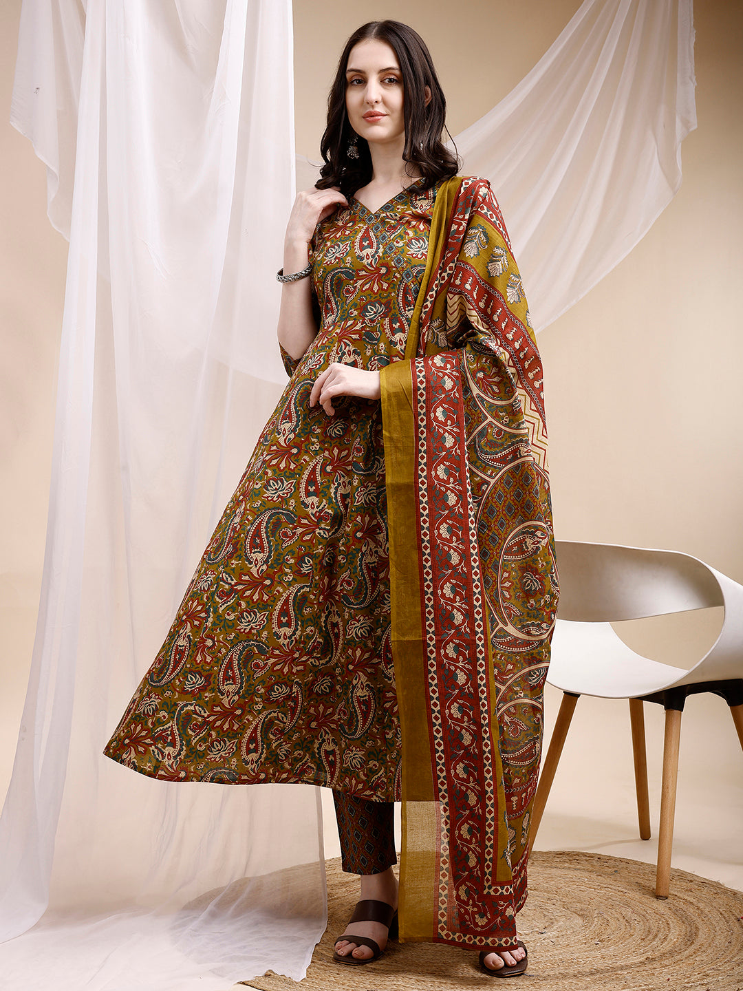 Paisley Printed Angarkha Style Anarkali Kurta With Pant & Dupatta, Olive - Hiral Fashion | Grocsy