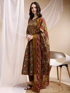 Paisley Printed Angarkha Style Anarkali Kurta With Pant & Dupatta, Olive - Hiral Fashion | Grocsy