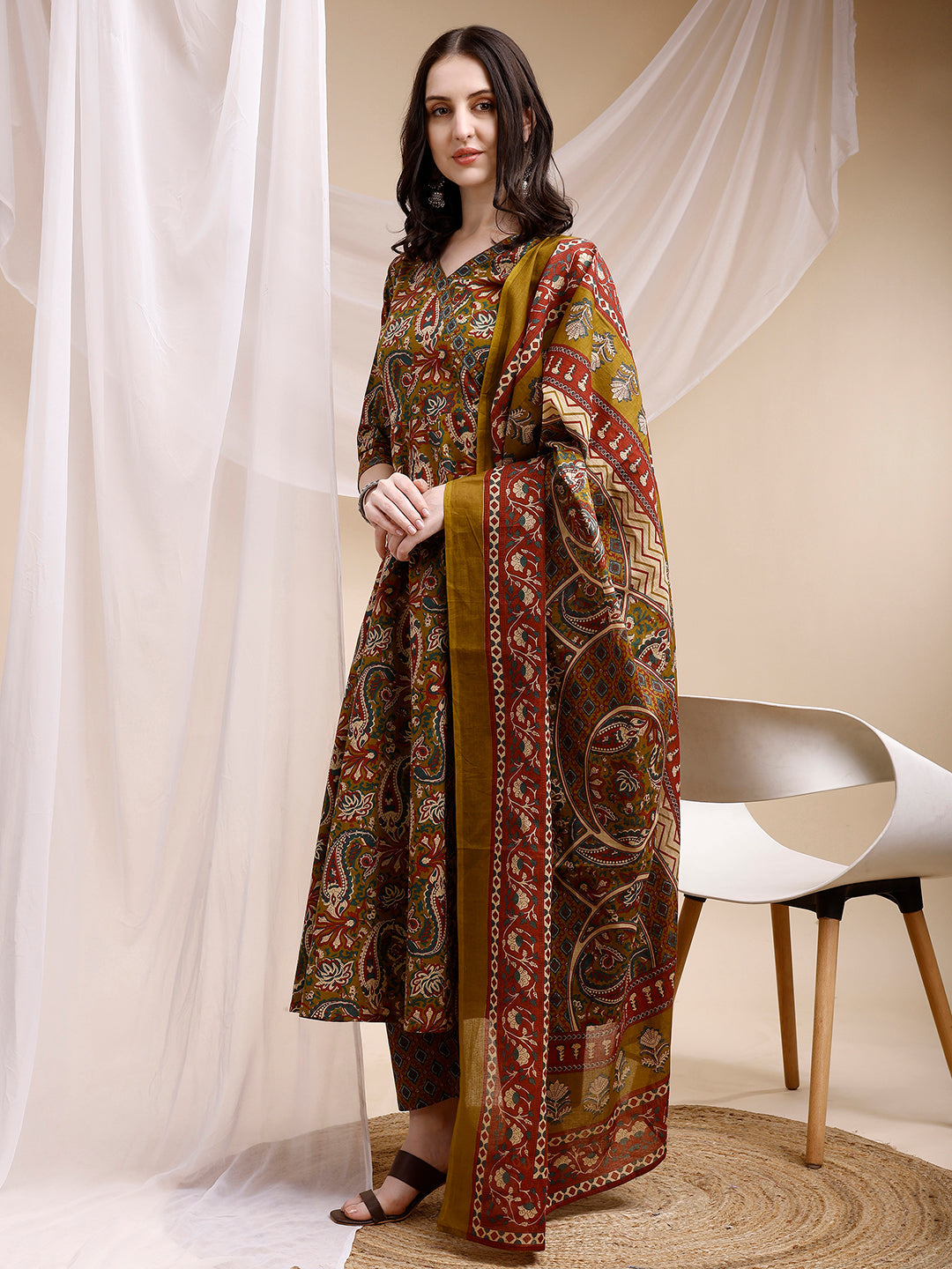 Paisley Printed Angarkha Style Anarkali Kurta With Pant & Dupatta, Olive - Hiral Fashion | Grocsy