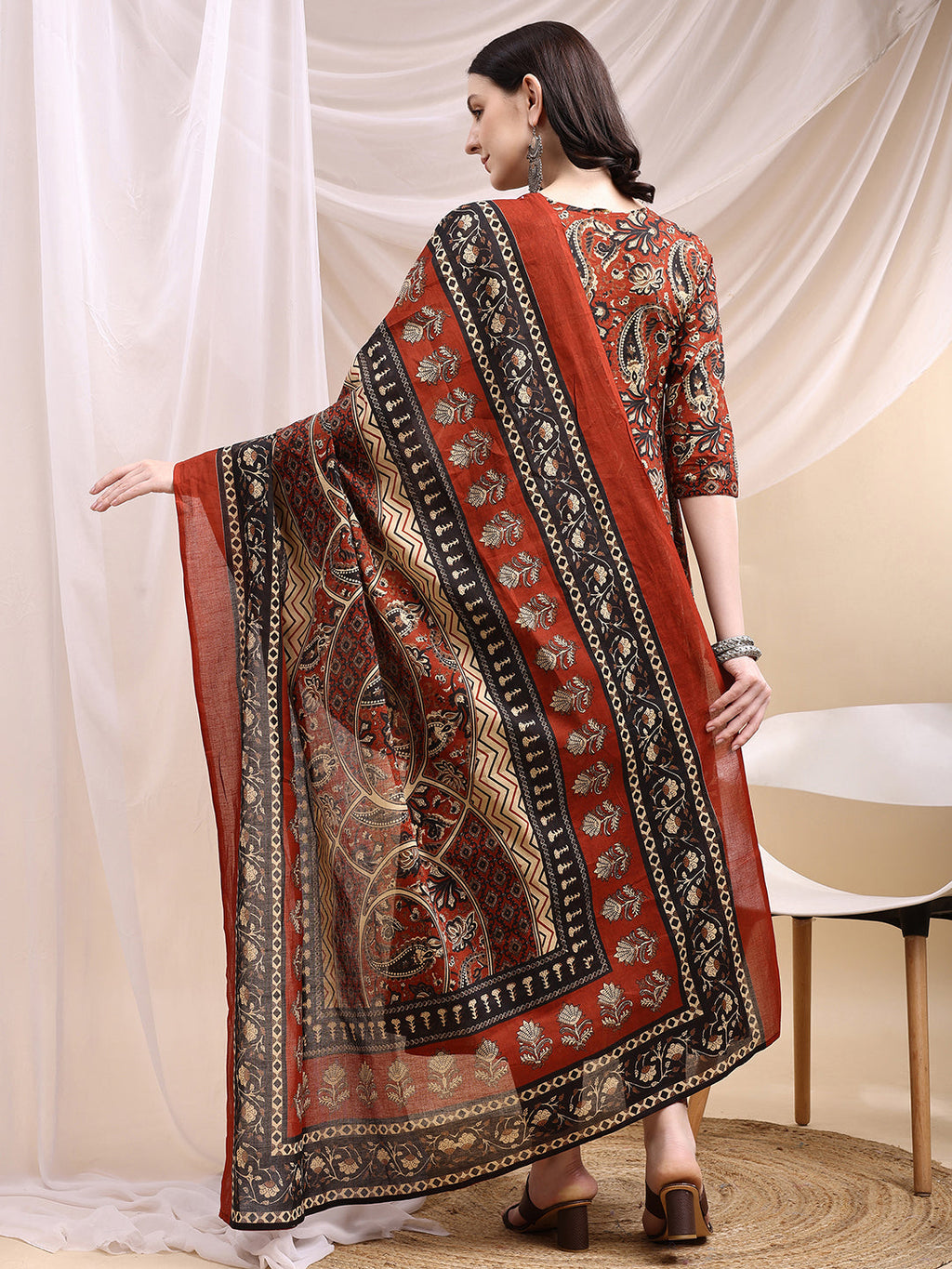 Paisley Printed Angarkha Style Anarkali Kurta With Pant & Dupatta, Rust - Hiral Fashion | Grocsy