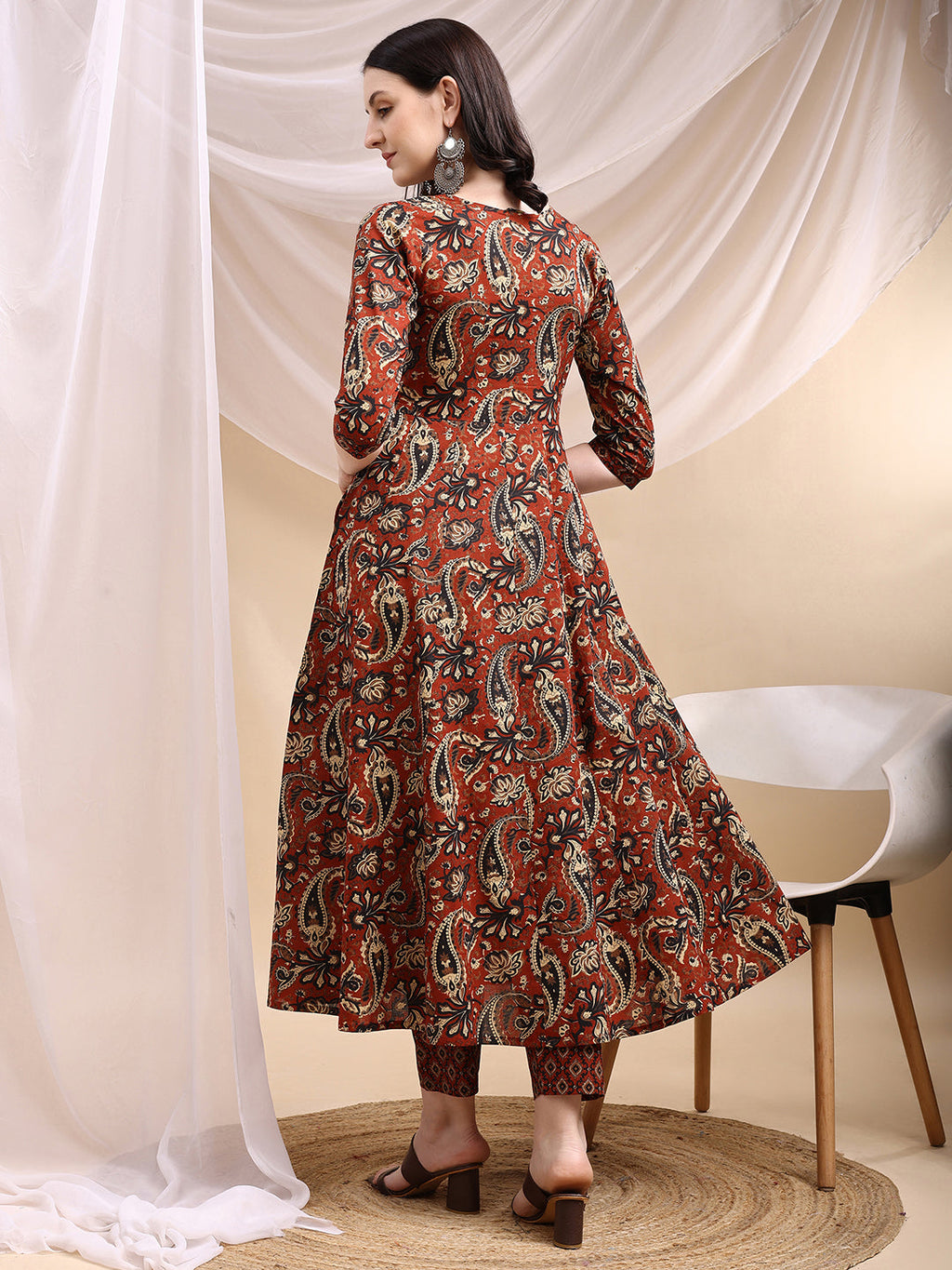 Paisley Printed Angarkha Style Anarkali Kurta With Pant & Dupatta, Rust - Hiral Fashion | Grocsy