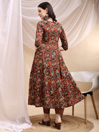 Paisley Printed Angarkha Style Anarkali Kurta With Pant & Dupatta, Rust - Hiral Fashion | Grocsy