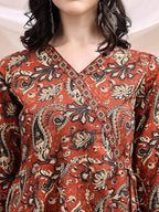Paisley Printed Angarkha Style Anarkali Kurta With Pant & Dupatta, Rust - Hiral Fashion | Grocsy