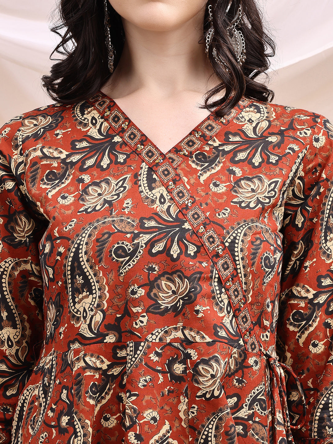 Paisley Printed Angarkha Style Anarkali Kurta With Pant & Dupatta, Rust - Hiral Fashion | Grocsy