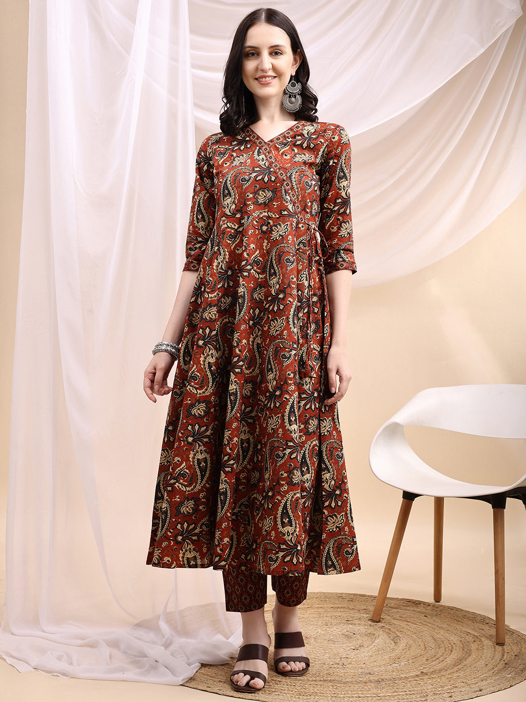Paisley Printed Angarkha Style Anarkali Kurta With Pant & Dupatta, Rust - Hiral Fashion | Grocsy