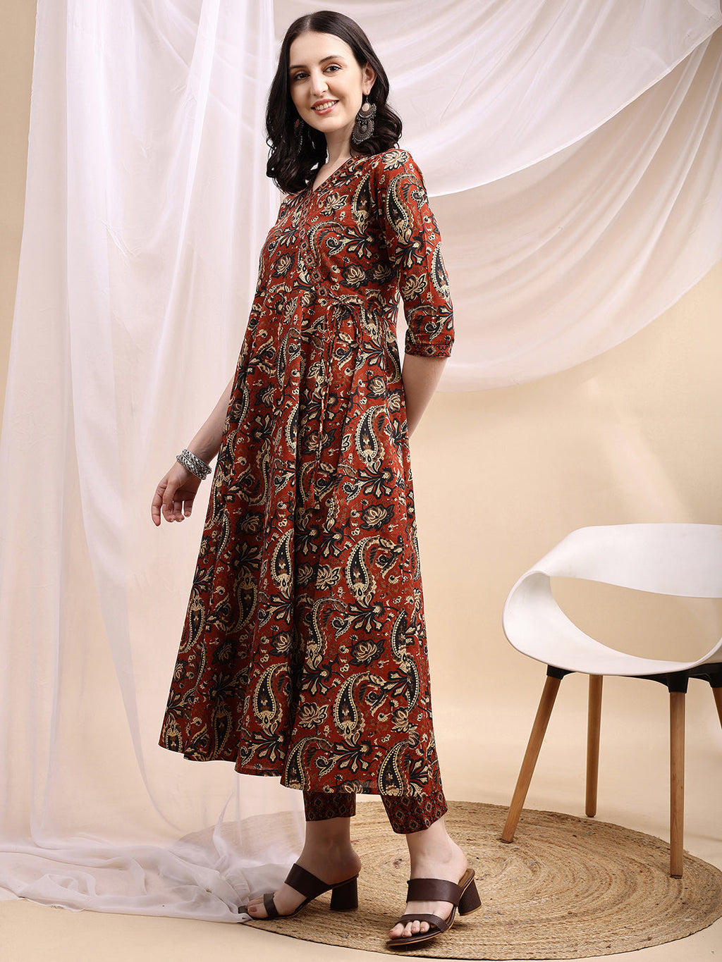 Paisley Printed Angarkha Style Anarkali Kurta With Pant & Dupatta, Rust - Hiral Fashion | Grocsy
