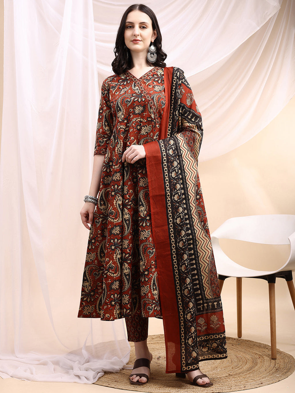 Paisley Printed Angarkha Style Anarkali Kurta With Pant & Dupatta, Rust - Hiral Fashion | Grocsy