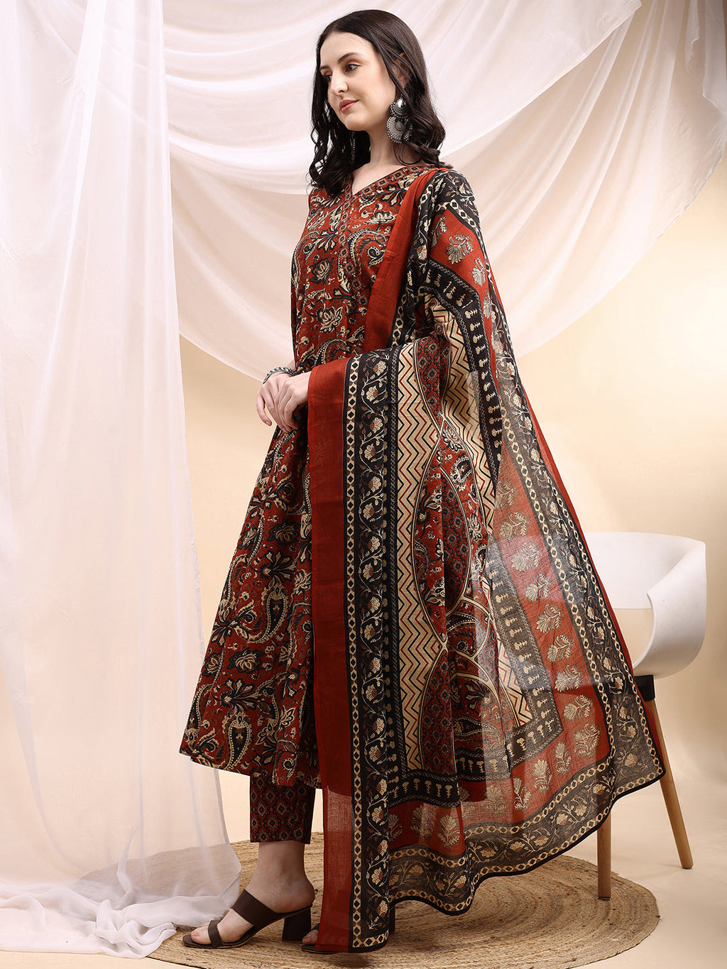 Paisley Printed Angarkha Style Anarkali Kurta With Pant & Dupatta, Rust - Hiral Fashion | Grocsy