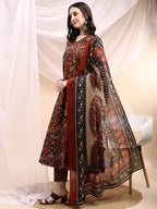 Paisley Printed Angarkha Style Anarkali Kurta With Pant & Dupatta, Rust - Hiral Fashion | Grocsy