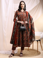 Paisley Printed Angarkha Style Anarkali Kurta With Pant & Dupatta, Rust - Hiral Fashion | Grocsy