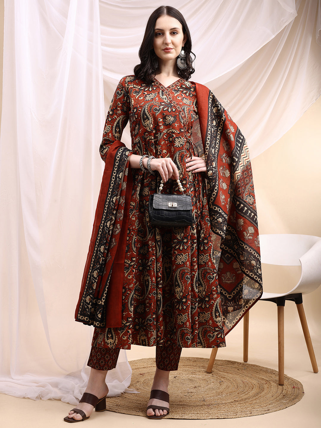 Paisley Printed Angarkha Style Anarkali Kurta With Pant & Dupatta, Rust - Hiral Fashion | Grocsy