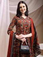 Paisley Printed Angarkha Style Anarkali Kurta With Pant & Dupatta, Rust - Hiral Fashion | Grocsy