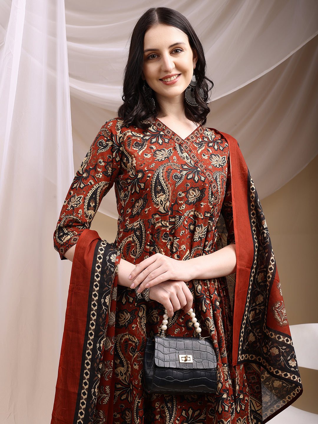 Paisley Printed Angarkha Style Anarkali Kurta With Pant & Dupatta, Rust - Hiral Fashion | Grocsy