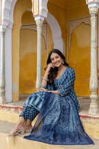 Ethnic Printed Anarkali Kurta With Matching Pant & A Flowy Dupatta, Blue - Hiral Fashion | Grocsy