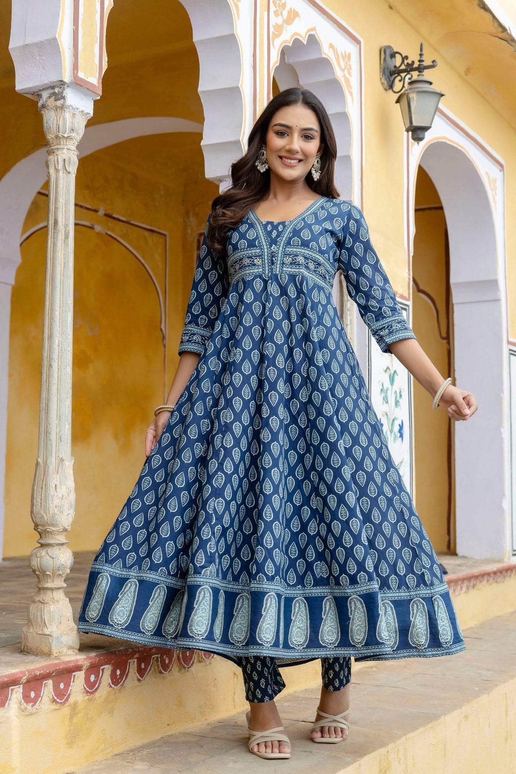 Ethnic Printed Anarkali Kurta With Matching Pant & A Flowy Dupatta, Blue - Hiral Fashion | Grocsy