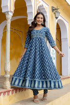 Ethnic Printed Anarkali Kurta With Matching Pant & A Flowy Dupatta, Blue - Hiral Fashion | Grocsy