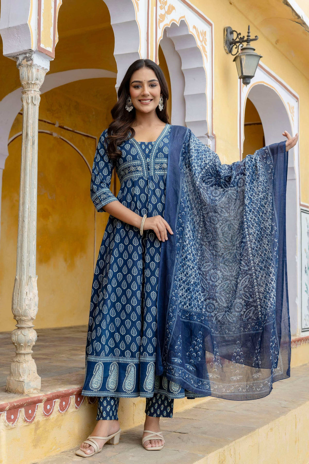 Ethnic Printed Anarkali Kurta With Matching Pant & A Flowy Dupatta, Blue - Hiral Fashion | Grocsy