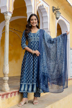 Ethnic Printed Anarkali Kurta With Matching Pant & A Flowy Dupatta, Blue - Hiral Fashion | Grocsy