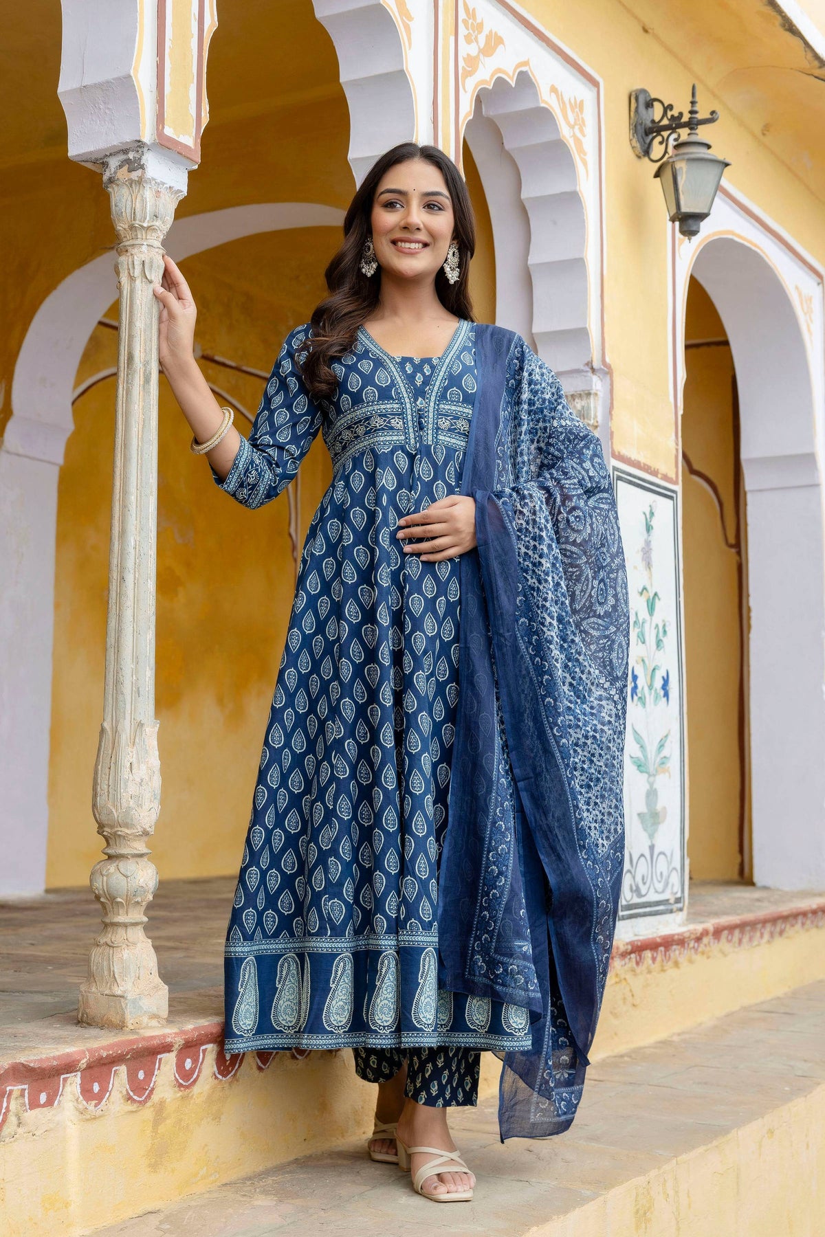 Ethnic Printed Anarkali Kurta With Matching Pant & A Flowy Dupatta, Blue - Hiral Fashion | Grocsy