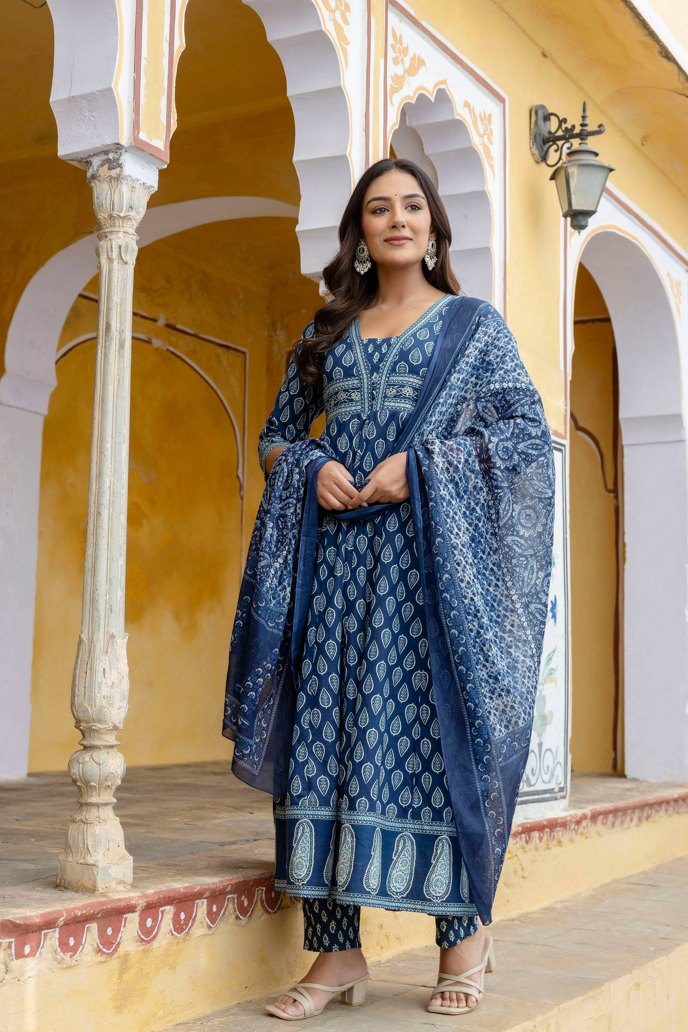 Ethnic Printed Anarkali Kurta With Matching Pant & A Flowy Dupatta, Blue - Hiral Fashion | Grocsy