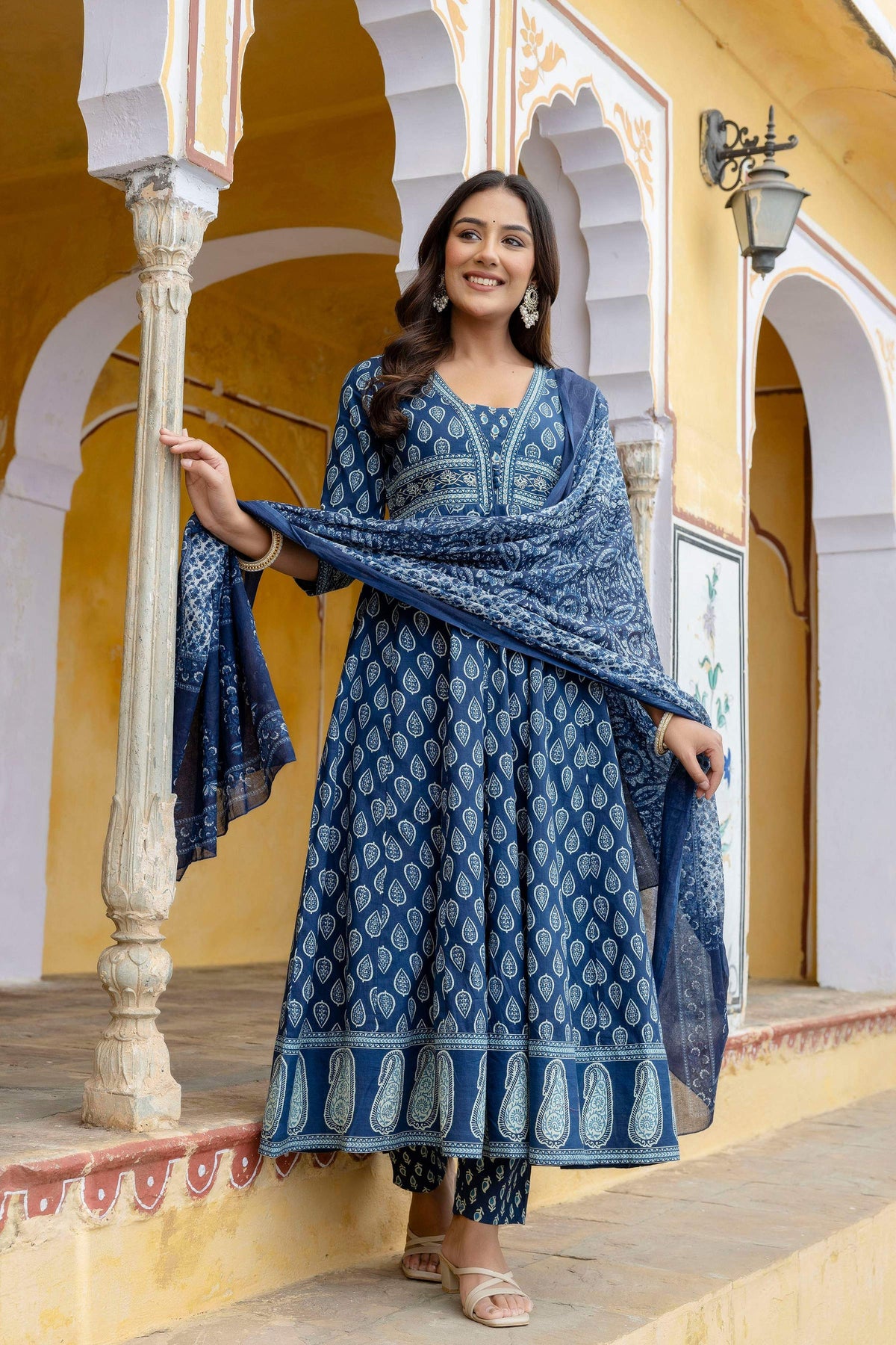 Ethnic Printed Anarkali Kurta With Matching Pant & A Flowy Dupatta, Blue - Hiral Fashion | Grocsy