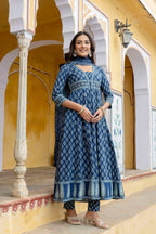 Ethnic Printed Anarkali Kurta With Matching Pant & A Flowy Dupatta, Blue - Hiral Fashion | Grocsy