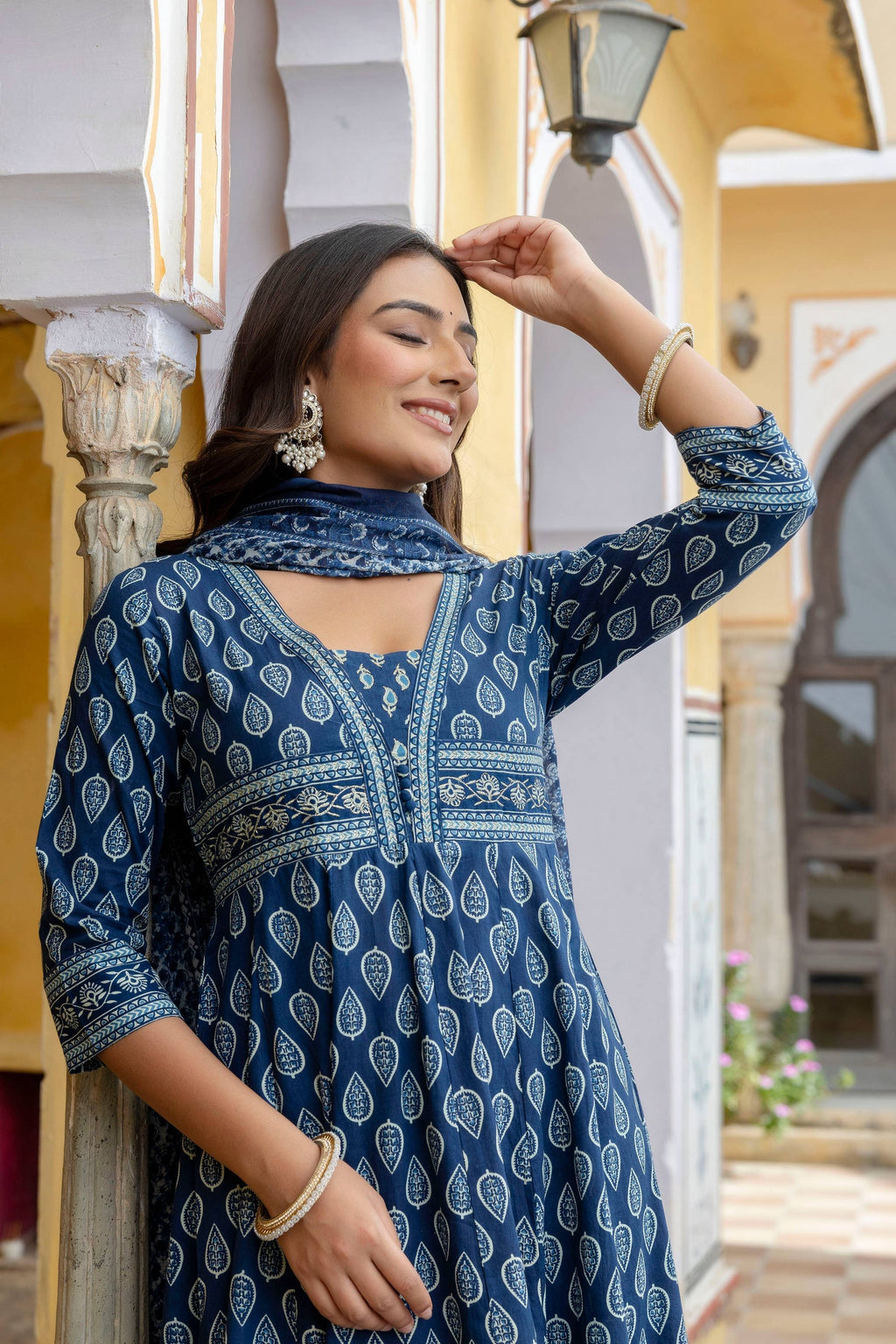 Ethnic Printed Anarkali Kurta With Matching Pant & A Flowy Dupatta, Blue - Hiral Fashion | Grocsy