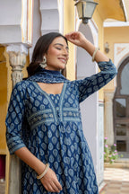 Ethnic Printed Anarkali Kurta With Matching Pant & A Flowy Dupatta, Blue - Hiral Fashion | Grocsy