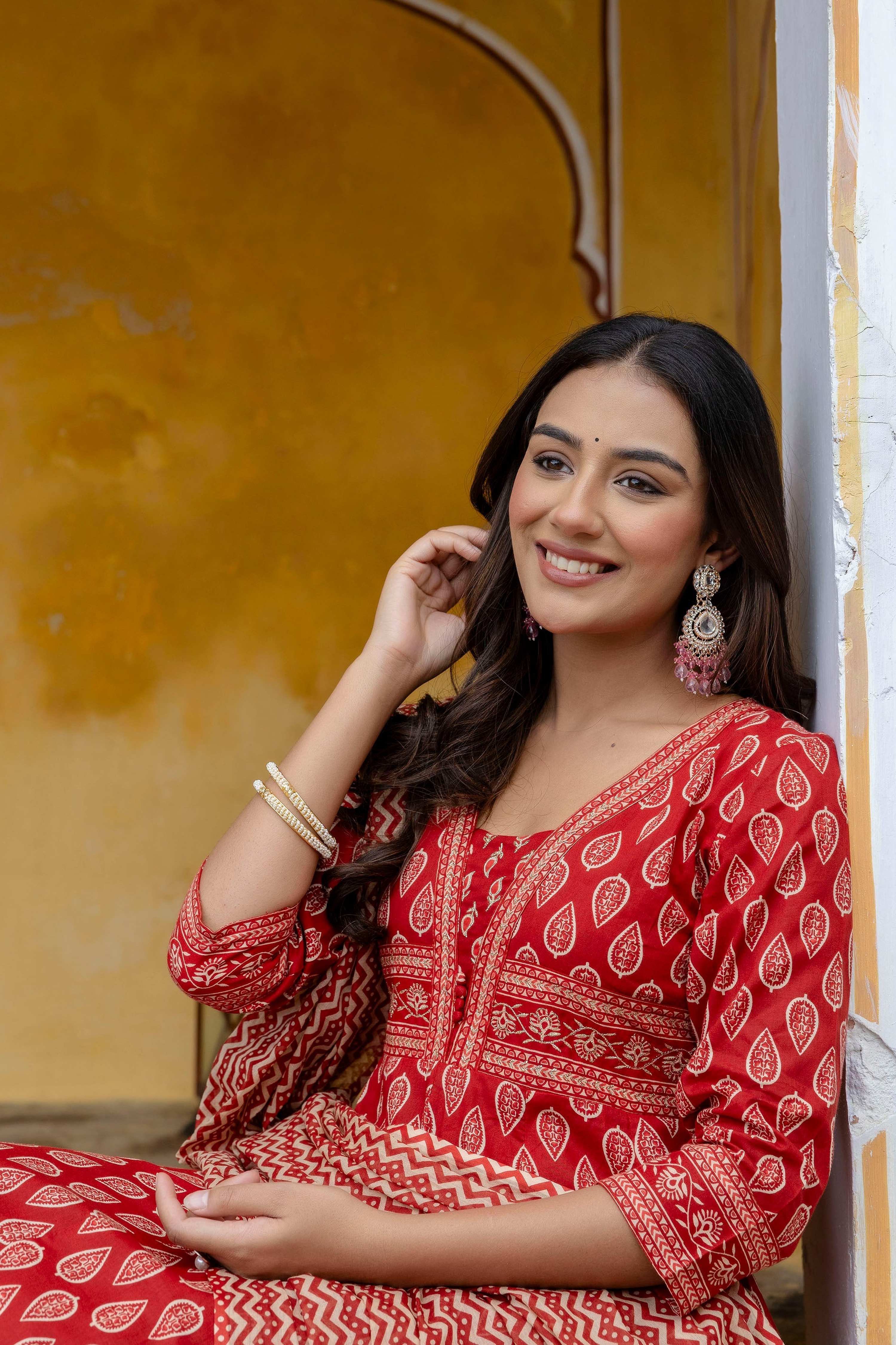 Ethnic Printed Anarkali Kurta With Matching Pant & A Flowy Dupatta, Rust - Hiral Fashion | Grocsy