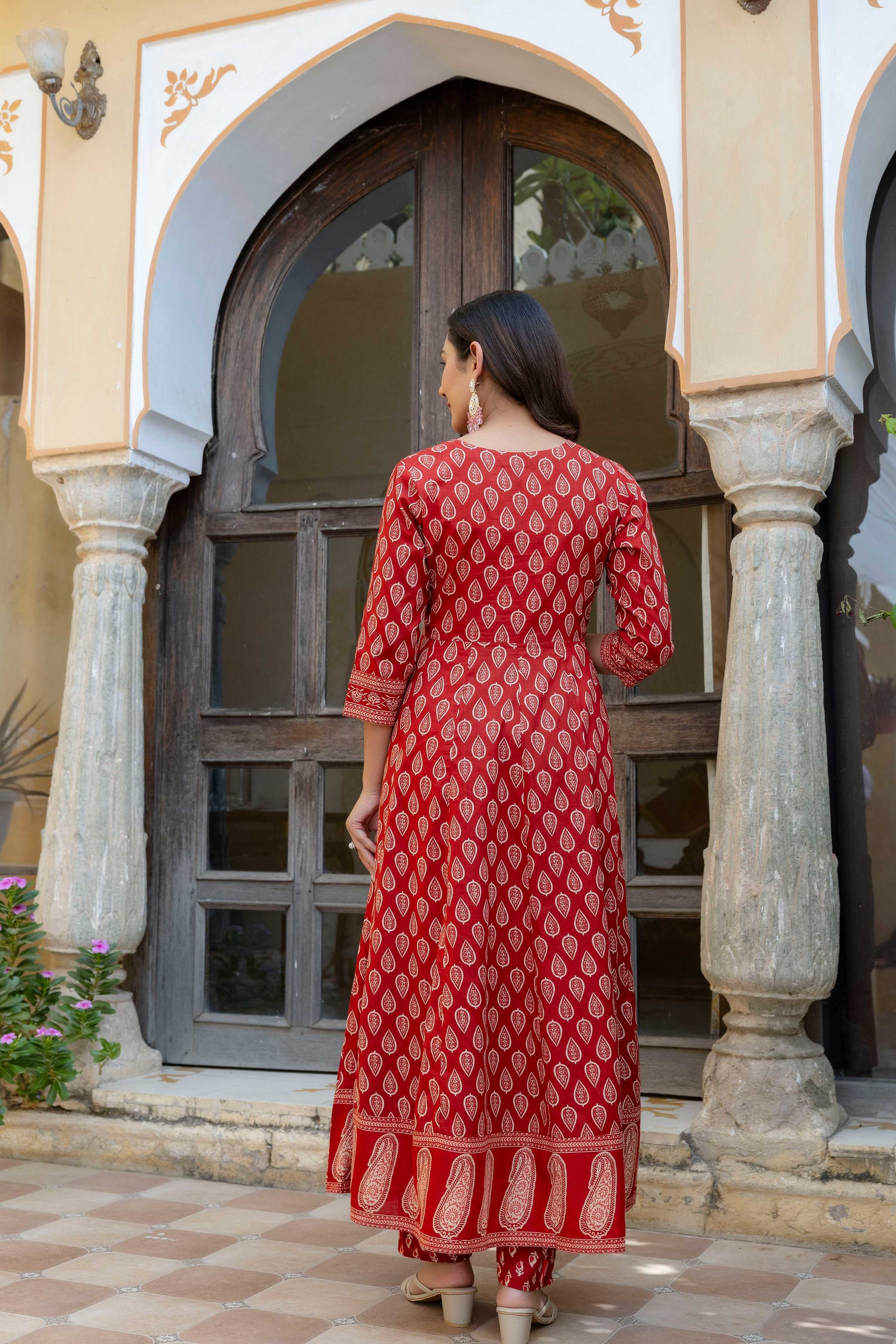Ethnic Printed Anarkali Kurta With Matching Pant & A Flowy Dupatta, Rust - Hiral Fashion | Grocsy