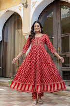 Ethnic Printed Anarkali Kurta With Matching Pant & A Flowy Dupatta, Rust - Hiral Fashion | Grocsy