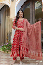 Ethnic Printed Anarkali Kurta With Matching Pant & A Flowy Dupatta, Rust - Hiral Fashion | Grocsy