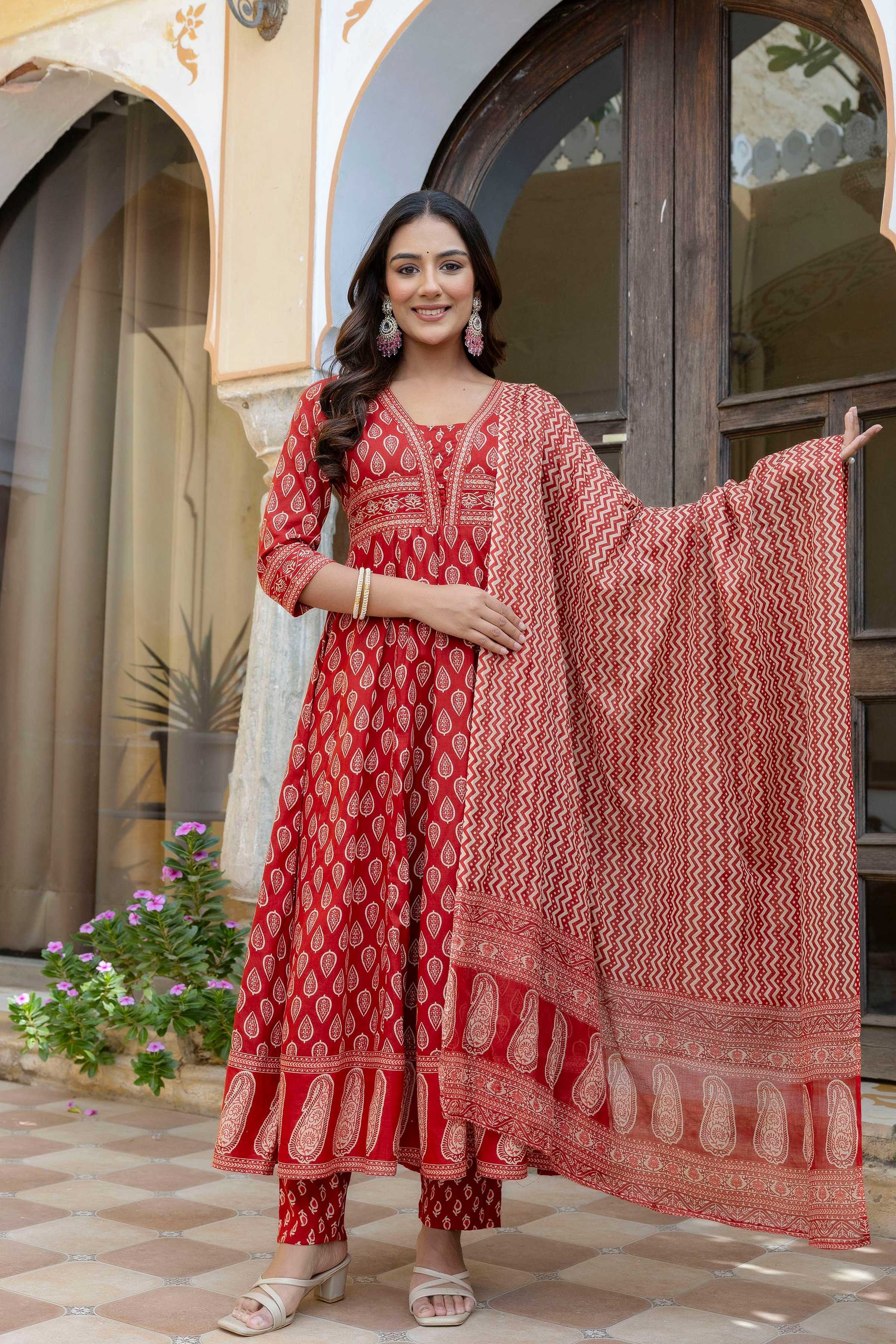 Ethnic Printed Anarkali Kurta With Matching Pant & A Flowy Dupatta, Rust - Hiral Fashion | Grocsy