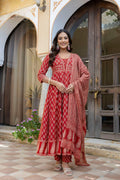 Ethnic Printed Anarkali Kurta With Matching Pant & A Flowy Dupatta, Rust - Hiral Fashion | Grocsy