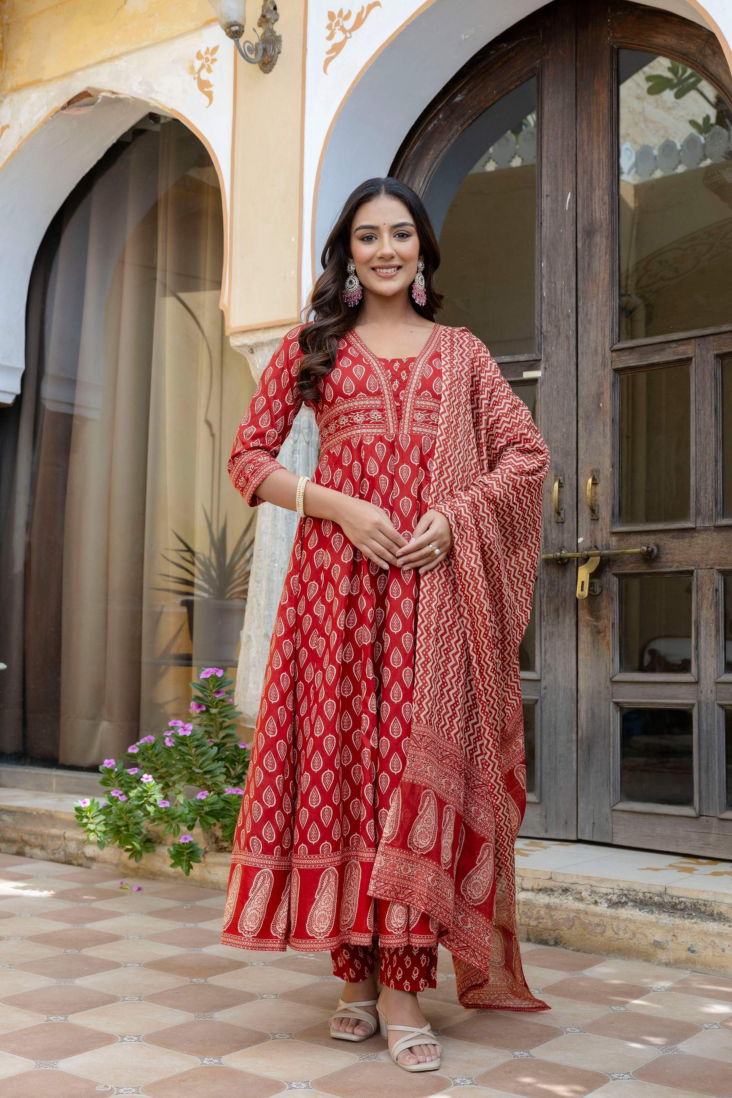 Ethnic Printed Anarkali Kurta With Matching Pant & A Flowy Dupatta, Rust - Hiral Fashion | Grocsy