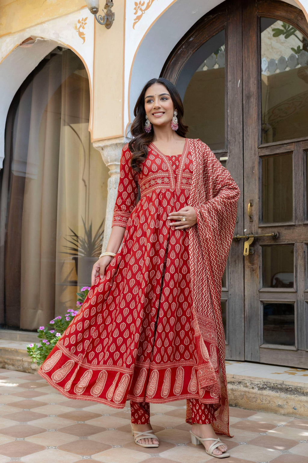 Ethnic Printed Anarkali Kurta With Matching Pant & A Flowy Dupatta, Rust - Hiral Fashion | Grocsy