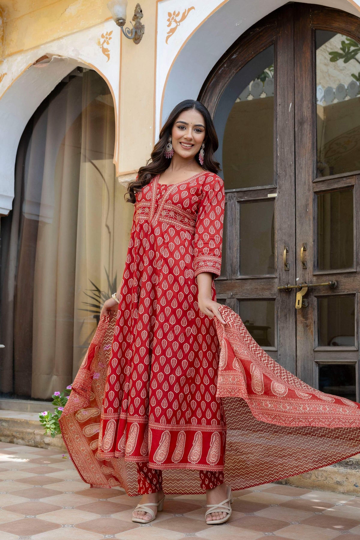 Ethnic Printed Anarkali Kurta With Matching Pant & A Flowy Dupatta, Rust - Hiral Fashion | Grocsy