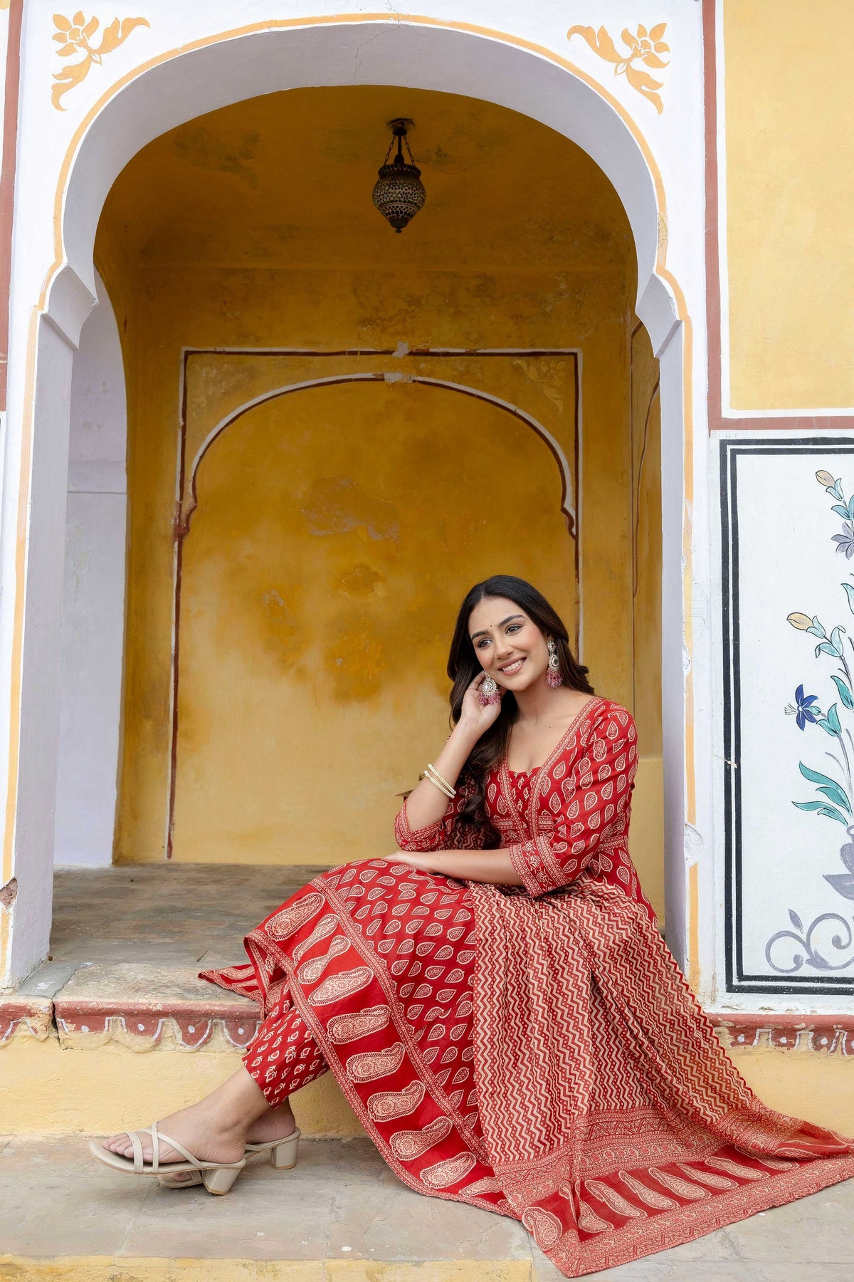 Ethnic Printed Anarkali Kurta With Matching Pant & A Flowy Dupatta, Rust - Hiral Fashion | Grocsy