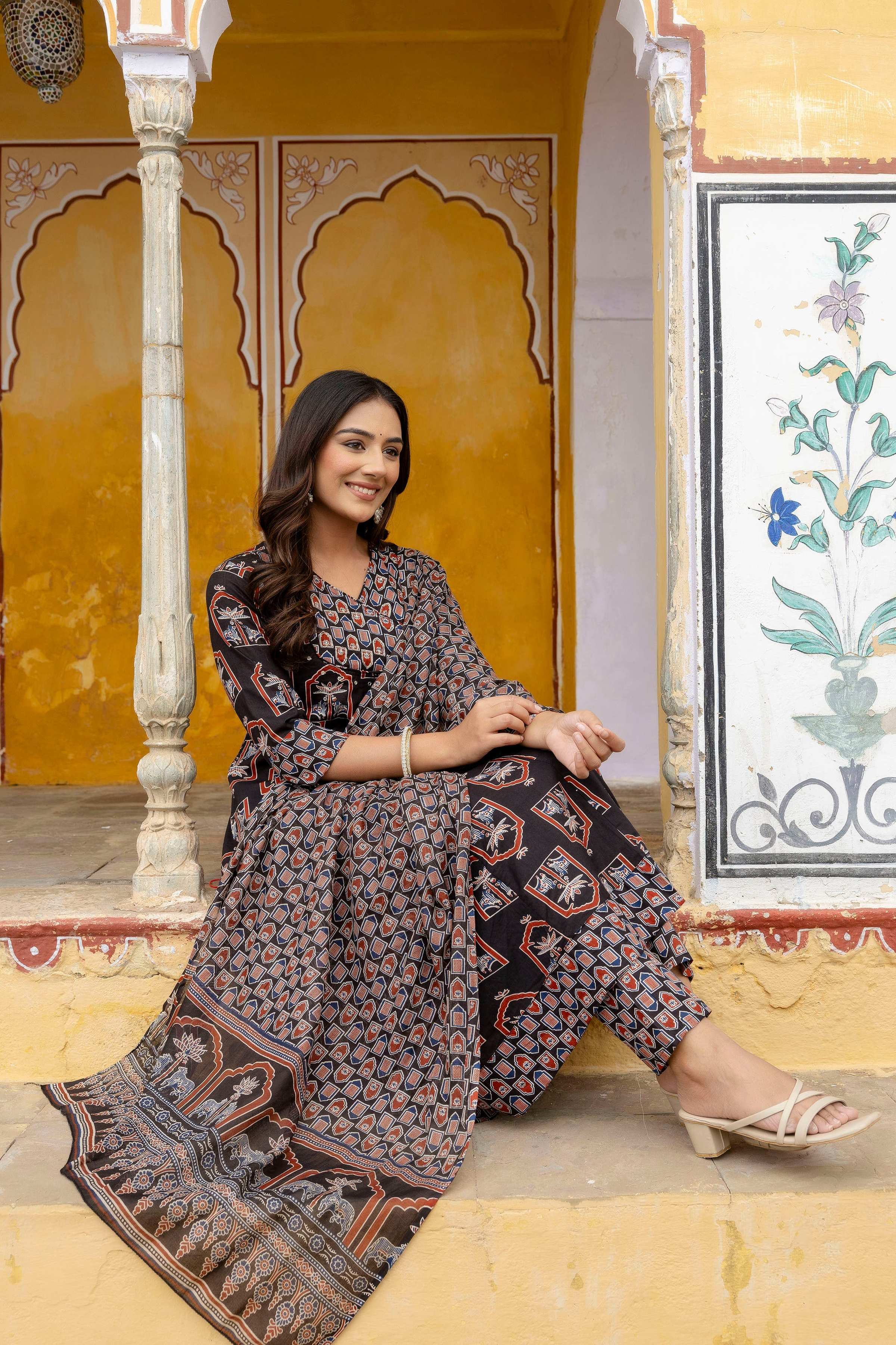 Ajrakh-Inspired Ethnic Handblock Printed Angarkha Style Kurta With Pant & Printed Dupatta, Black - Hiral Fashion | Grocsy