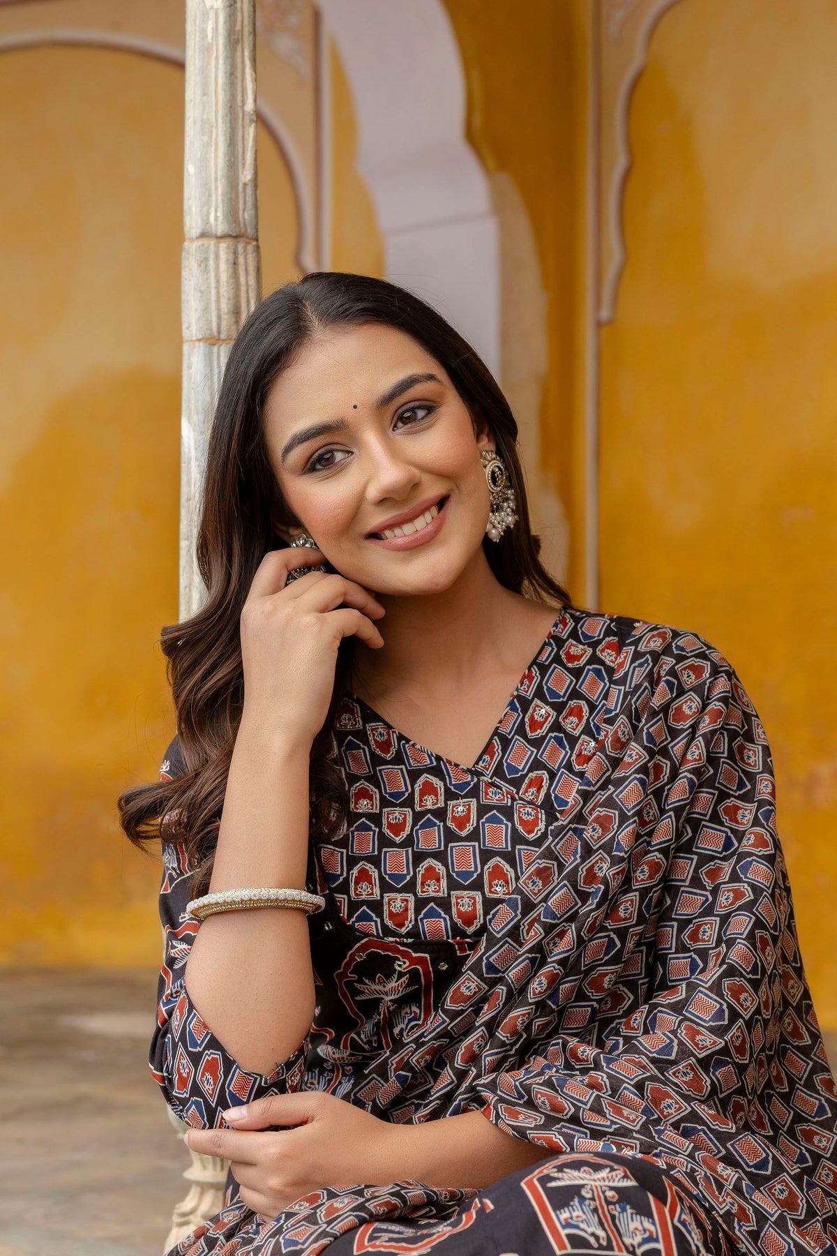 Ajrakh-Inspired Ethnic Handblock Printed Angarkha Style Kurta With Pant & Printed Dupatta, Black - Hiral Fashion | Grocsy