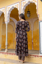 Ajrakh-Inspired Ethnic Handblock Printed Angarkha Style Kurta With Pant & Printed Dupatta, Black - Hiral Fashion | Grocsy