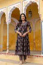 Ajrakh-Inspired Ethnic Handblock Printed Angarkha Style Kurta With Pant & Printed Dupatta, Black - Hiral Fashion | Grocsy