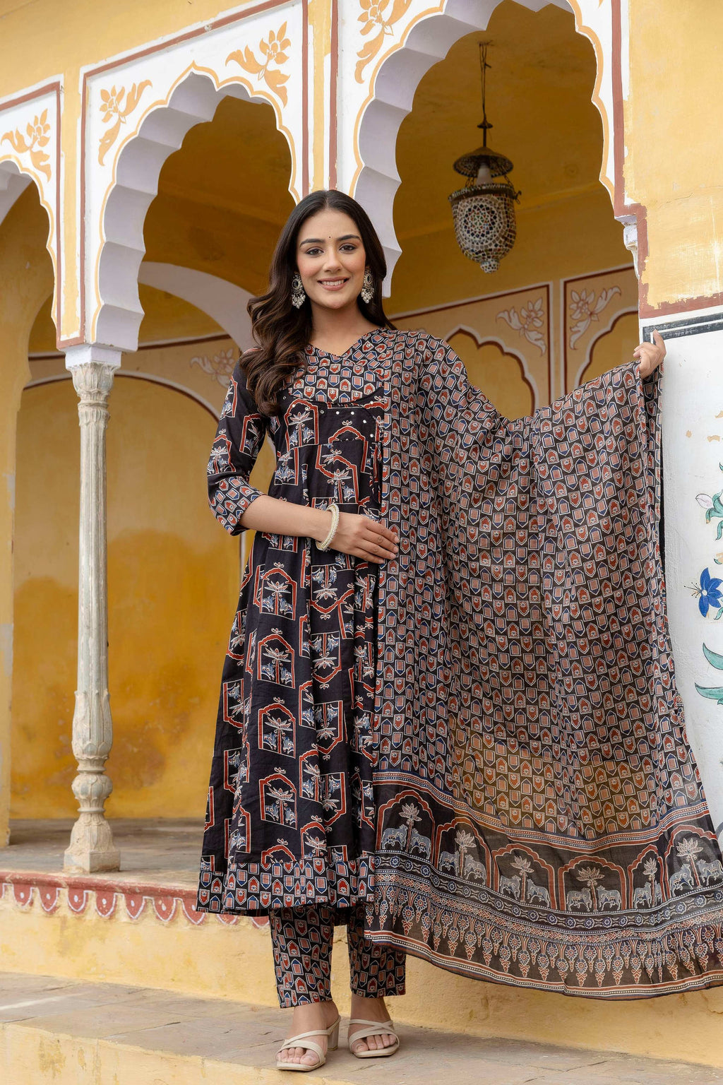 Ajrakh-Inspired Ethnic Handblock Printed Angarkha Style Kurta With Pant & Printed Dupatta, Black - Hiral Fashion | Grocsy
