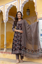 Ajrakh-Inspired Ethnic Handblock Printed Angarkha Style Kurta With Pant & Printed Dupatta, Black - Hiral Fashion | Grocsy